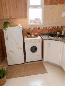 a kitchen with a refrigerator and a washing machine at Modern and Calm Apartment in Mahdia near Beach in Rejiche +9 photos
