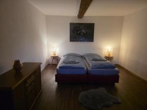 a bedroom with a bed and two lights on two tables at Apartmán na statku NH Stables in Nýřany