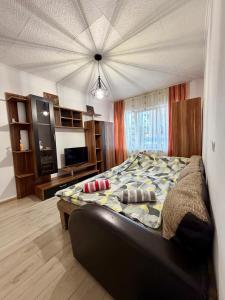 ein Schlafzimmer mit einem großen Bett in einem Zimmer in der Unterkunft Stejarului App in Floreşti