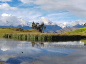 a body of water with trees and mountains in the background at Alma Andina Lodge in Huaraz