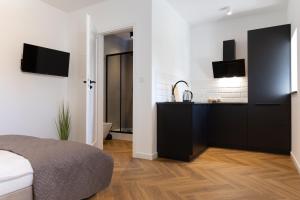 a bedroom with a bed and a kitchen with a sink at Starowiejska Residence 1860 A in Miejsce Piastowe