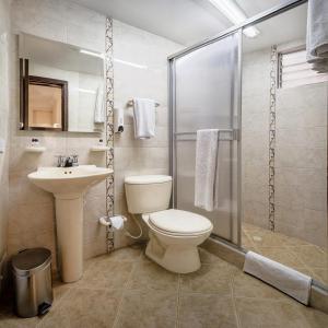 a bathroom with a toilet and a sink and a shower at HOTEL AMERICANA PASTO in Pasto