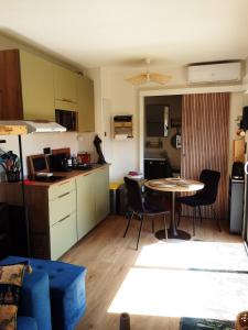 a room with a kitchen and a table and chairs at Studio de jardin dans son écrin de verdure in Saint-Lumine-de-Coutais