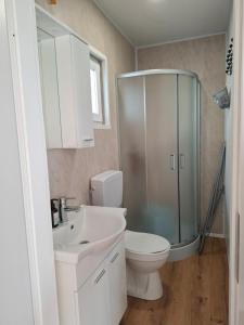 a bathroom with a shower and a toilet and a sink at Camp Phoenix in Srima