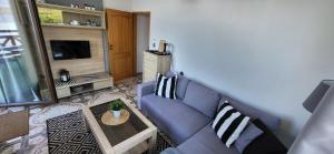 a living room with a couch and a tv at O.W. LAZUR nad jeziorem in Żywiec