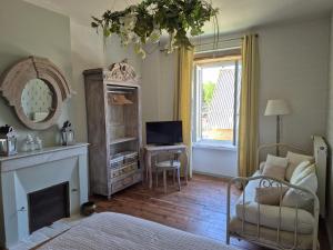 a living room with a fireplace and a television at La Bâtisse de Bromont in Bromont-Lamothe