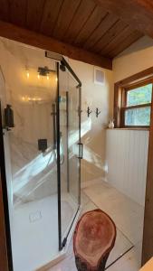 a glass shower in a bathroom with a rug at Domaine Taïga - Parc animalier en forêt in Sainte-Agathe-des-Monts