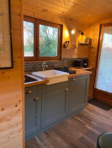 a kitchen with a sink in a wooden cabin at La Roulotte du Marais in Éclusier-Vaux