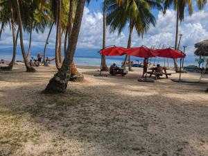 people sitting on a beach with palm trees and red umbrellas at camping eco demar achu in Cayos Los Grullos