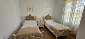 two twin beds in a room with a window at Casa Rural Los Gaspares in La Carlota +18 photos