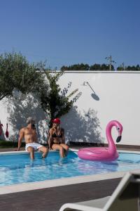 three people sitting in a swimming pool with a pink swan at Alojamento Jasmine in São Pedro de Alva