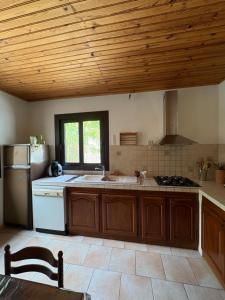 a kitchen with wooden ceilings and a stove top oven at appartement olivese in Olivese