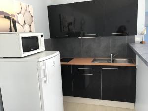 a kitchen with a microwave and a refrigerator at La petite girardiere in Talmont