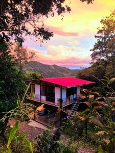 a house with a red roof in a forest at Alma Luna Chalet in Vergara