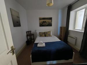 a bedroom with a bed with a blue blanket at Bishops View in Galway