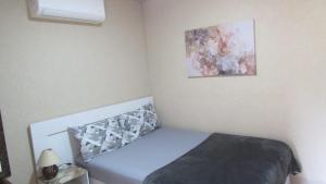 a bed in a bedroom with a picture on the wall at Edícula Recanto das Palmeiras in Uberaba