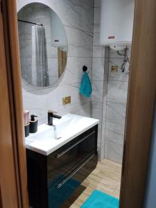 a bathroom with a white sink and a mirror at Apartament Ogrodzieniec in Ogrodzieniec