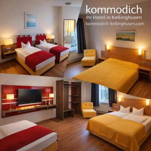 four different pictures of a hotel room with two beds at Hotel Restaurant Kommodich in Kellinghusen