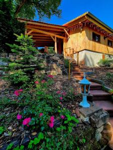 a house with a blue light in a yard with flowers at Le Chalet Cocon et Jacuzzi in La Petite-Pierre