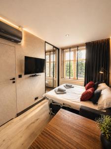 a living room with a bed and a flat screen tv at Brick Loft Nikiszowiec in Katowice