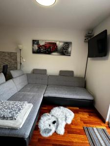a living room with a couch and a car on the wall at Sončna vila Bovec, Studio A&B in Bovec +1 photo