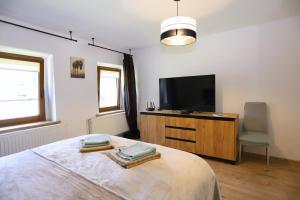 a bedroom with a bed and a flat screen tv at Apartament pod Osówką in Głuszyca