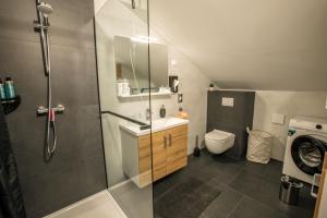 ein Badezimmer mit Dusche, Waschbecken und Toilette in der Unterkunft UrbanStudio5 in Čakovec + 4 Fotos