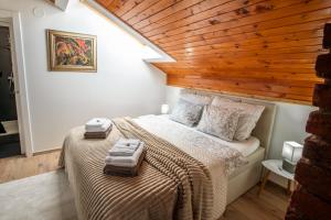 ein Schlafzimmer mit einem Bett und einer Holzdecke in der Unterkunft UrbanStudio5 in Čakovec
