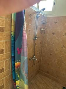 a shower with a colorful shower curtain in a bathroom at KOKI Horizon in Atuona