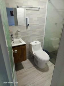 a bathroom with a toilet and a sink and a shower at Hotel Perla Dorada in San Miguel +16 photos