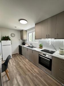 a kitchen with stainless steel appliances and wooden floors at Oleana Cosy Studio in Lampi