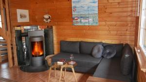a living room with a couch and a fireplace at Ferienhaus Milan mit Ruderboot - 300 m vom Fleesensee in Silz