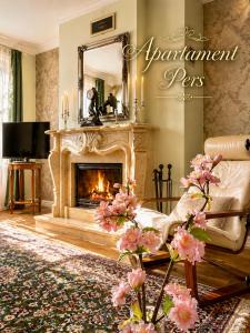 a living room with a fireplace and a mirror at Apartament Pers - komfortowy relaks przy kominku i klimatyzacji in Szczawno-Zdrój