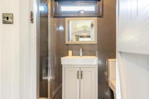 a bathroom with a white sink and a shower at 1 Bed in Narberth oc-83862 in Whitland +34 photos