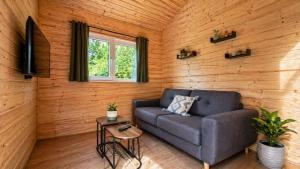 a living room with a couch in a wooden wall at Cabane insolite en pleine nature - La cabane de Dim in Grumesnil
