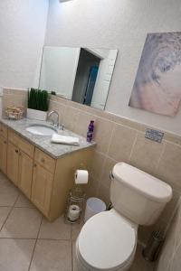 a bathroom with a toilet and a sink and a mirror at Peaceful Inn at Deerfield Beach Boca Raton in Deerfield Beach