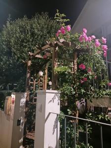 a garden with pink flowers and a white refrigerator at Flamingo's Bay in Corroios