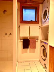 a bathroom with a shower and a washing machine at 2 bedroom Guesthouse in the Centre of Noojee in Noojee