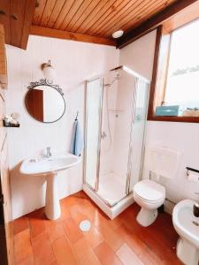 a bathroom with a shower and a sink and a toilet at Casa com 4 quartos e Jardim Espaçoso - Santa Sofia in Moledo