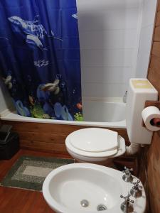 a bathroom with a toilet and a sink and a shower curtain at Rincón Entrerriano in Concepción del Uruguay +1 photo