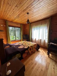 a bedroom with a bed and a wooden ceiling at Cabaña Facovi in Empalme +26 photos