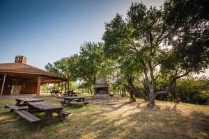 un'area picnic con tavoli da picnic e un padiglione di Bay Landing Camping Resort Cabin 14 a Bridgeport
