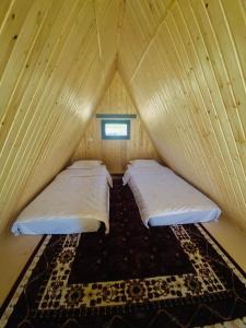 a room with two beds in a wooden tent at Kolsay A-Frame Yessen in Saty