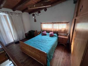 a bedroom with a bed with two pink pillows on it at Hospedaje San Luis Sierras in Juana Koslay 