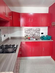 a red kitchen with red cabinets and a stove at Casa en la Palpa in Huauchinango