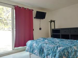 a bedroom with a bed and a red curtain at Casa en la Palpa in Huauchinango