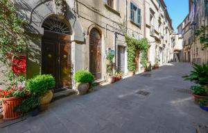 an alley with potted plants on the side of a building at 2 Bedroom Pet Friendly Apartment In Scansano in Scansano