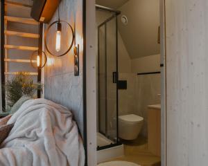 a bathroom with a shower and a toilet in a room at AtmoSphere Czorsztyn in Czorsztyn +29 photos
