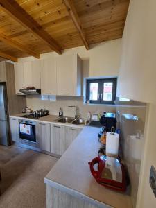 a kitchen with a counter with a red appliance on it at Οκά & δράμι in Kaléntzion