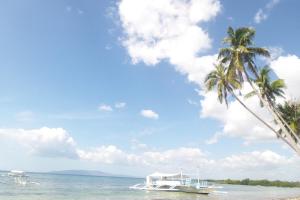 a palm tree and a boat on the beach at Stanley House Seaview Apartments in Panglao Island